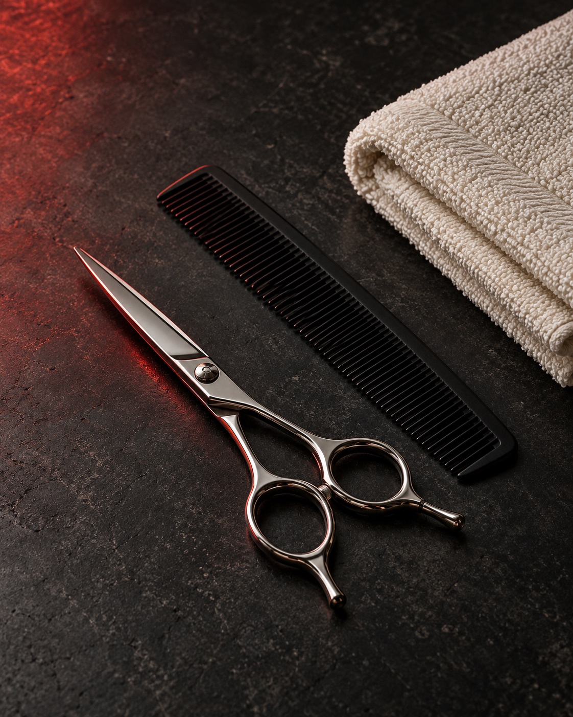 Illustrative still life of barber scissors, a comb and a cream towel on a dark surface